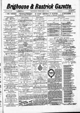 cover page of Brighouse & Rastrick Gazette published on February 2, 1884