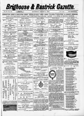 cover page of Brighouse & Rastrick Gazette published on August 2, 1884