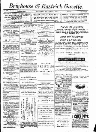 cover page of Brighouse & Rastrick Gazette published on November 2, 1889