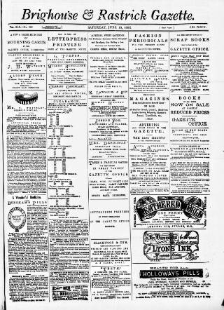 cover page of Brighouse & Rastrick Gazette published on June 18, 1892