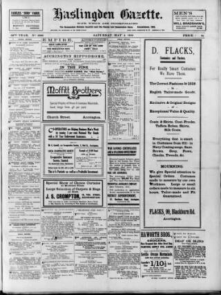 cover page of Haslingden Gazette published on May 4, 1918