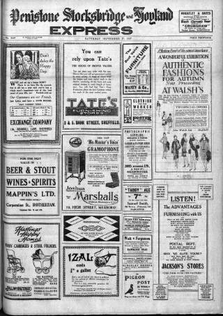 cover page of Penistone, Stocksbridge and Hoyland Express published on September 17, 1927
