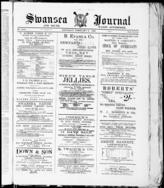 cover page of Swansea Journal published on February 2, 1889