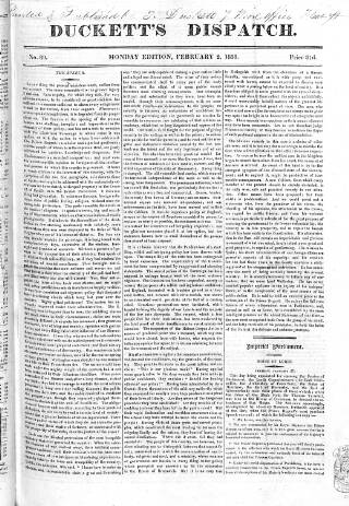cover page of Duckett's Dispatch published on February 2, 1818