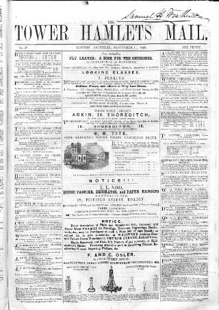 cover page of Tower Hamlets Mail published on September 11, 1858