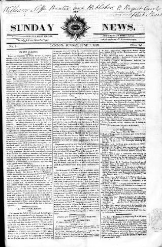 cover page of Sunday News published on June 1, 1823