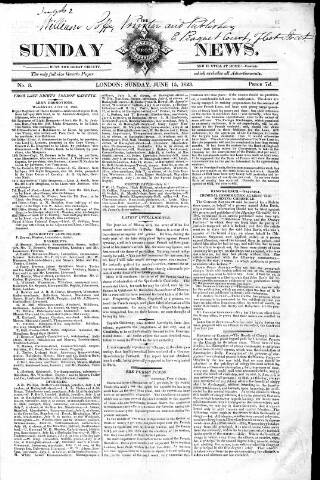 cover page of Sunday News published on June 15, 1823