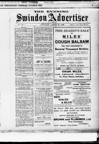 cover page of Swindon Advertiser published on March 19, 1918