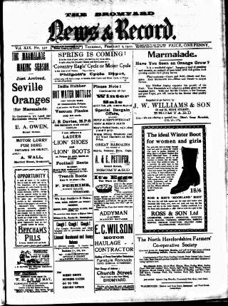 cover page of Bromyard News published on February 2, 1922