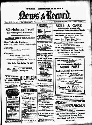 cover page of Bromyard News published on November 2, 1922