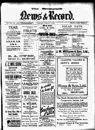 cover page of Bromyard News published on August 2, 1923