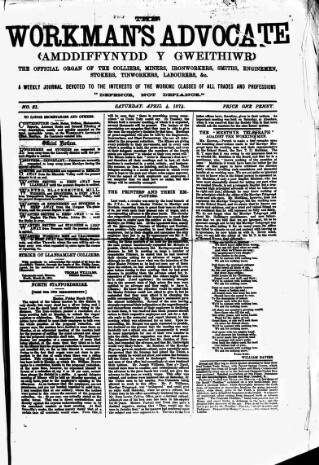 cover page of Workman's Advocate (Merthyr Tydfil) published on April 4, 1874