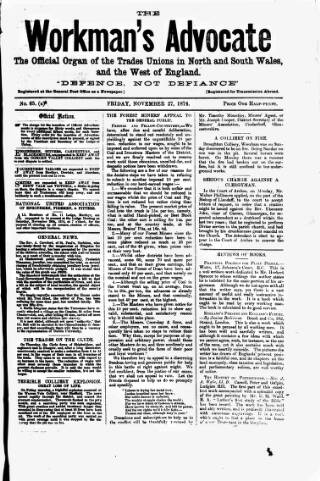 cover page of Workman's Advocate (Merthyr Tydfil) published on November 27, 1874