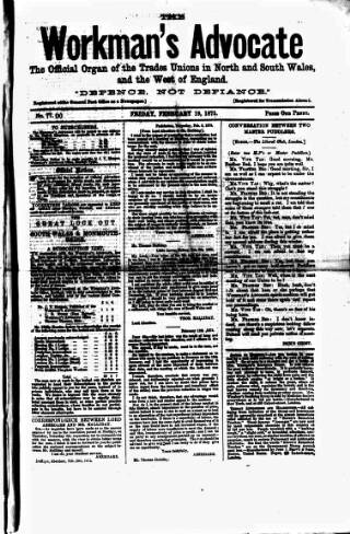 cover page of Workman's Advocate (Merthyr Tydfil) published on February 19, 1875