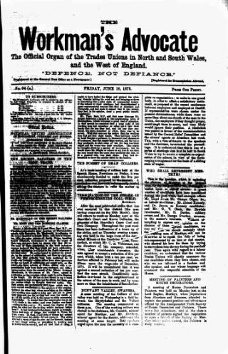 cover page of Workman's Advocate (Merthyr Tydfil) published on June 18, 1875