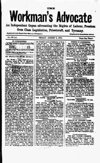 cover page of Workman's Advocate (Merthyr Tydfil) published on August 6, 1875