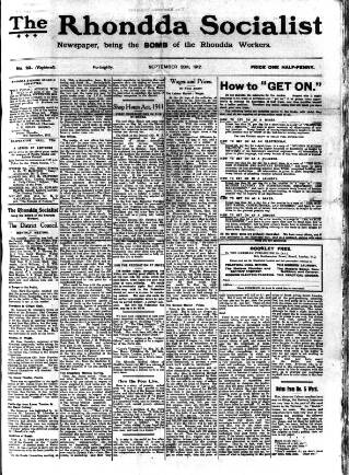cover page of Rhondda Socialist Newspaper published on September 28, 1912