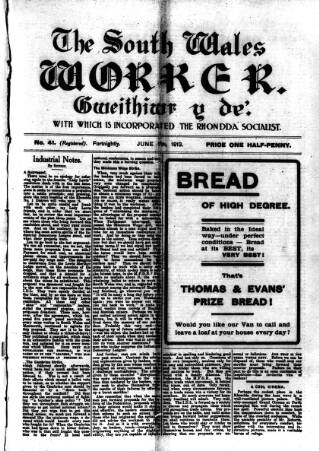 cover page of Rhondda Socialist Newspaper published on June 7, 1913