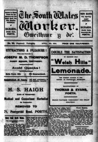 cover page of Rhondda Socialist Newspaper published on April 4, 1914