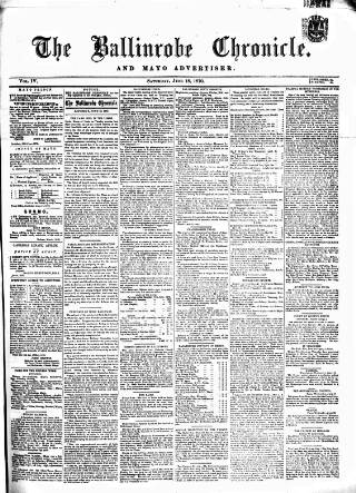 cover page of Ballinrobe Chronicle and Mayo Advertiser published on June 18, 1870