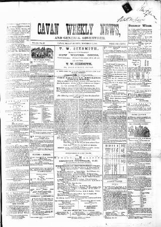 cover page of Cavan Weekly News and General Advertiser published on November 2, 1866