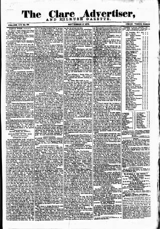 cover page of Clare Advertiser and Kilrush Gazette published on September 17, 1870