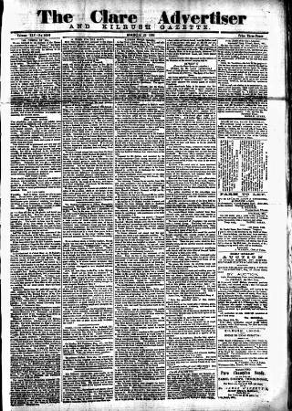 cover page of Clare Advertiser and Kilrush Gazette published on March 19, 1881