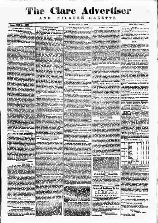 cover page of Clare Advertiser and Kilrush Gazette published on February 2, 1884