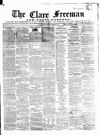 cover page of Clare Freeman and Ennis Gazette published on February 2, 1856