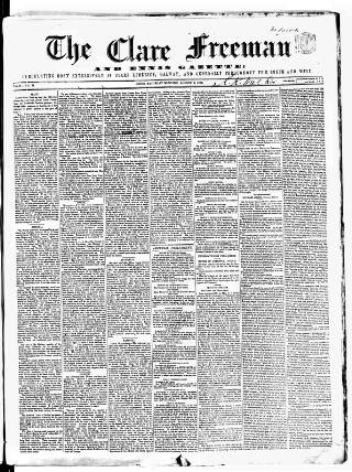 cover page of Clare Freeman and Ennis Gazette published on August 2, 1856