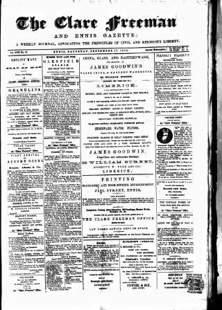 cover page of Clare Freeman and Ennis Gazette published on September 17, 1870