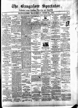 cover page of Bangalore Spectator published on June 18, 1881