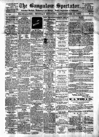 cover page of Bangalore Spectator published on September 17, 1883