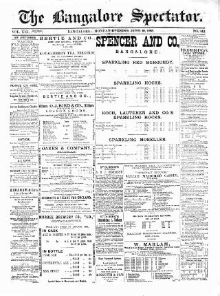cover page of Bangalore Spectator published on June 18, 1888