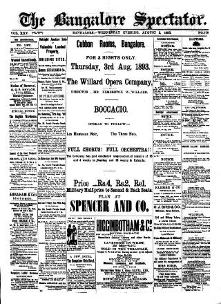 cover page of Bangalore Spectator published on August 2, 1893
