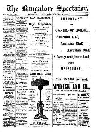 cover page of Bangalore Spectator published on March 19, 1895