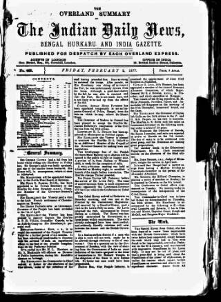 cover page of Indian Daily News published on February 2, 1877