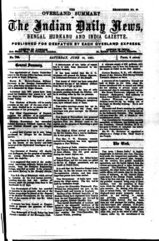 cover page of Indian Daily News published on June 18, 1881