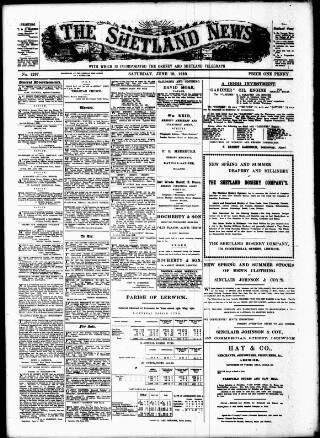 cover page of Shetland News published on June 18, 1910