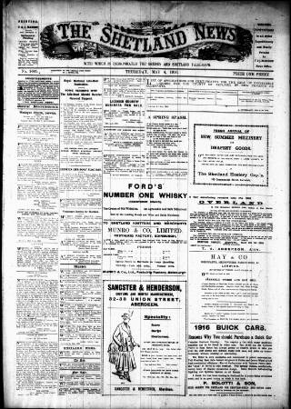 cover page of Shetland News published on May 4, 1916