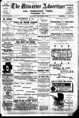 cover page of Uttoxeter Advertiser and Ashbourne Times published on November 2, 1898