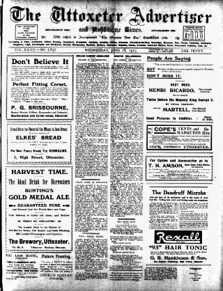 cover page of Uttoxeter Advertiser and Ashbourne Times published on June 18, 1913
