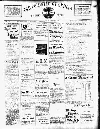 cover page of Colonial Guardian (Belize) published on February 2, 1889