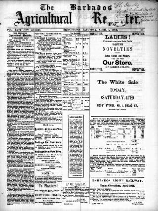 cover page of Barbados Agricultural Reporter published on April 4, 1908