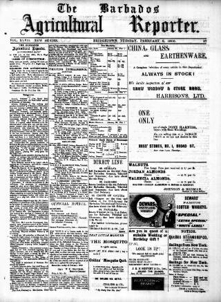 cover page of Barbados Agricultural Reporter published on February 2, 1909