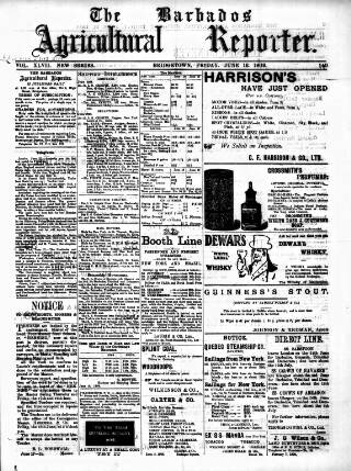 cover page of Barbados Agricultural Reporter published on June 18, 1909