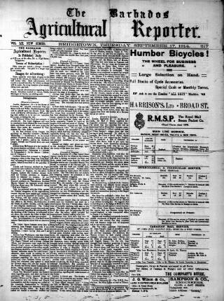 cover page of Barbados Agricultural Reporter published on September 17, 1914