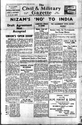 cover page of Civil & Military Gazette (Lahore) published on June 18, 1948
