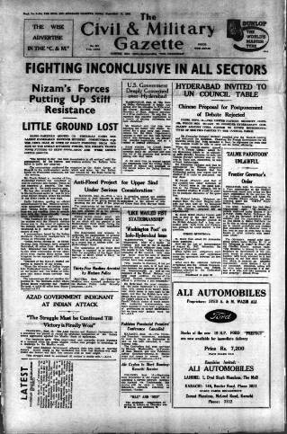 cover page of Civil & Military Gazette (Lahore) published on September 17, 1948