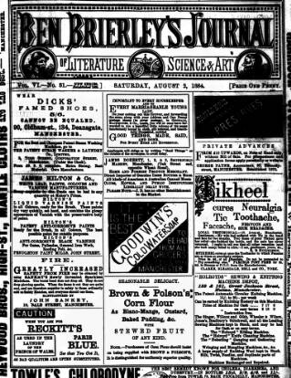 cover page of Ben Brierley's Journal published on August 2, 1884